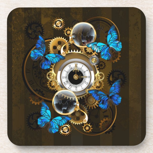 Porta-copo Steampunk Gears and Blue Butterflies (Frente)