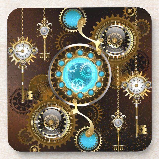 Porta-copo Steampunk Rusty Background with Turquoise Lenses (Frente)