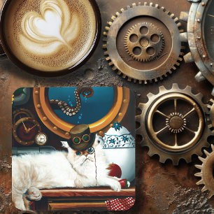 Porta-copo Submarino de Chá de Gato Steampunk Vitoriano Creme