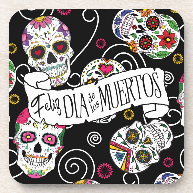 Porta-copo Sugar Skulls and Swirls Rosa Black ID725 (Frente)