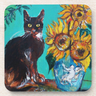 PORTA-COPO SUNFLOWERS WITH BLACK CAT IN BLUE TURQUOISE