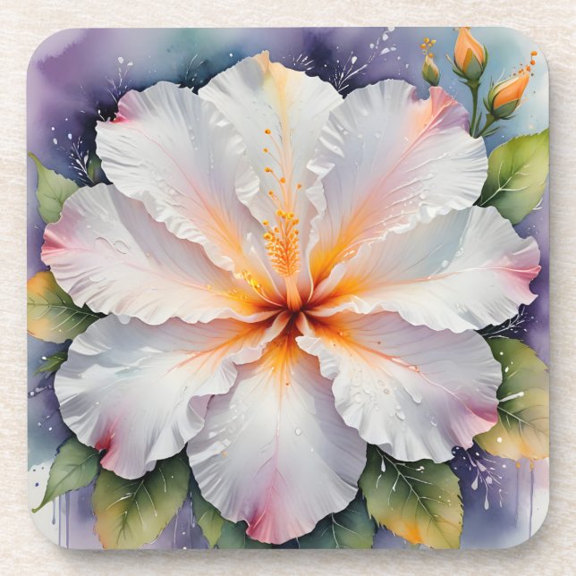 Porta-copo suportes de flores de hibisco branco (Frente)