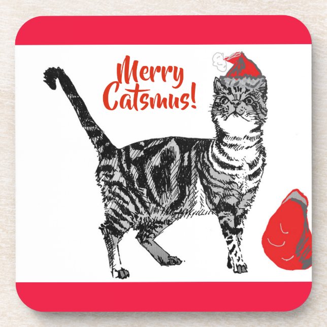 Porta-copo Tabby Cat Feliz Catsmus Red Christmas (Frente)