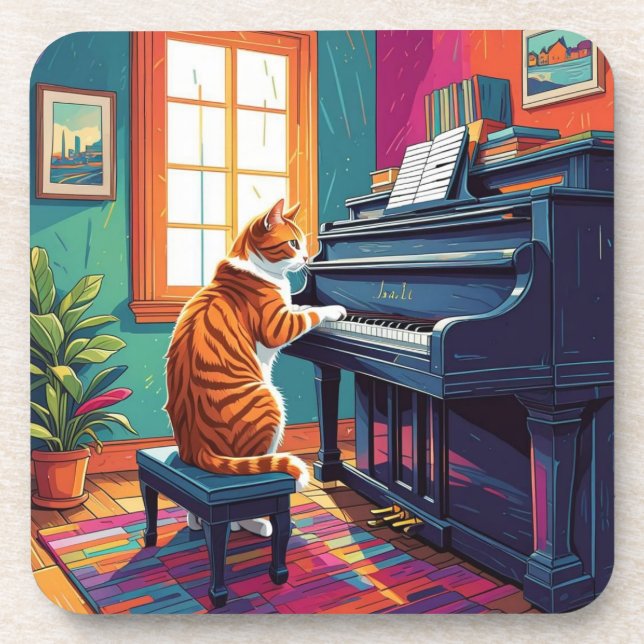 Porta-copo Tabby Cat Tocando o Piano (Frente)