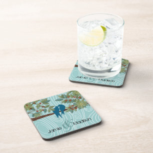 Porta-copo Teal Cute Beijando Pássaros Apaixonados Sentados n