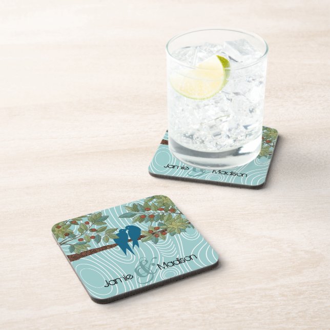 Porta-copo Teal Cute Beijando Pássaros Apaixonados Sentados n (Lado Direito)