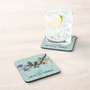 Porta-copo Teal Cute Love Birds Sentados em Árvore