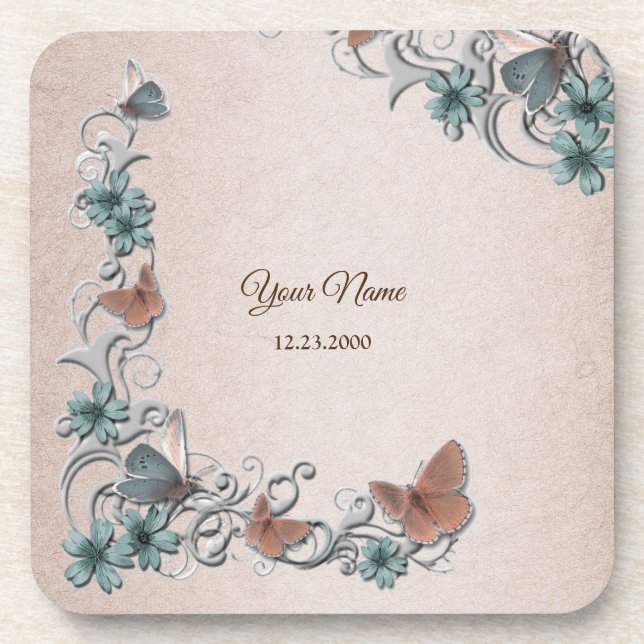 Porta-copo Teal Silver Floral Copper Butterfly Tan Wedding (Frente)