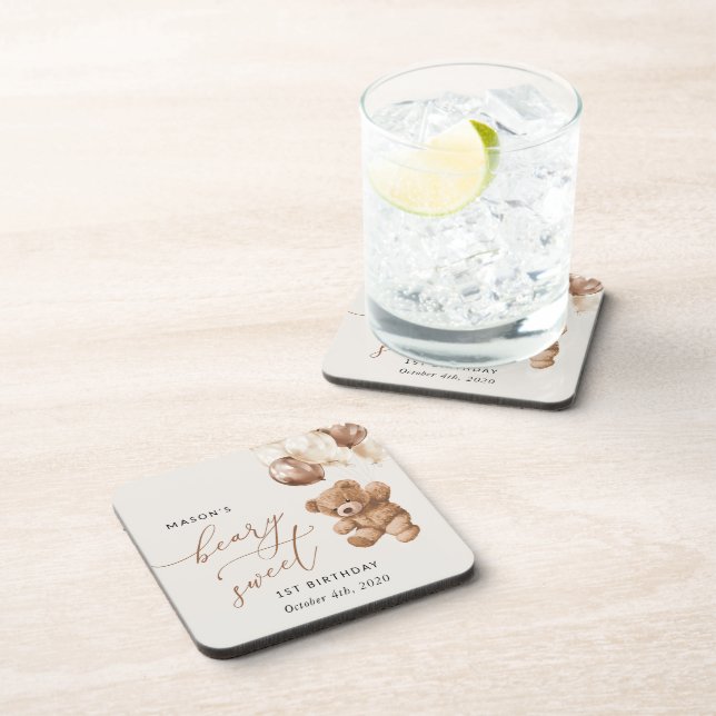 Porta-copo Teddy Bear, Balões Marrons, Primeiro Aniversário (Lado Direito)