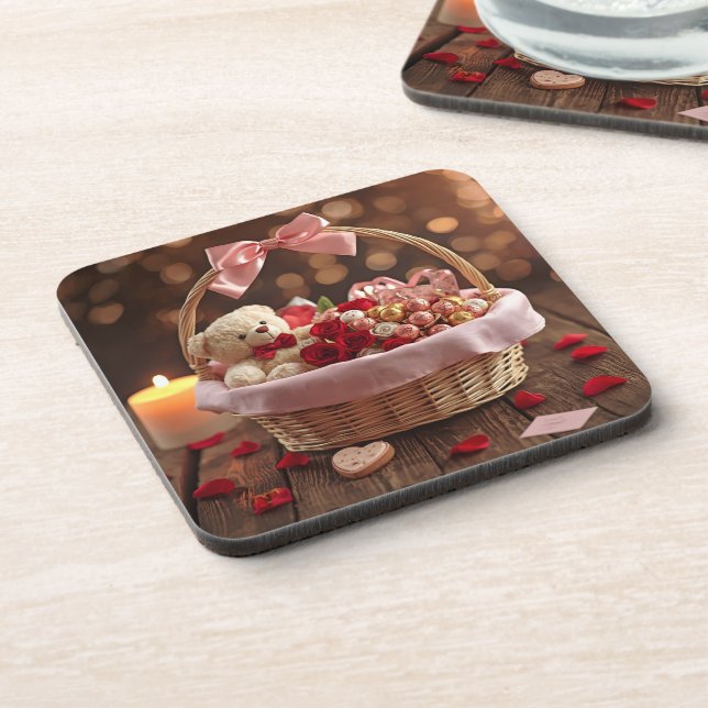 Porta-copo Teddy Rose Basket Romantic Valentine Heart Drink (Left Side)