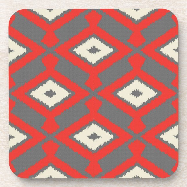 Porta-copo Teste padrão de Ikat - vermelho, cinza e bege (Frente)