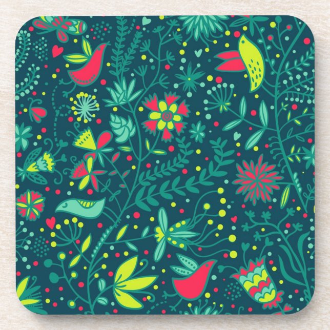 Porta-copo Teste padrão floral com pássaros dos desenhos (Frente)