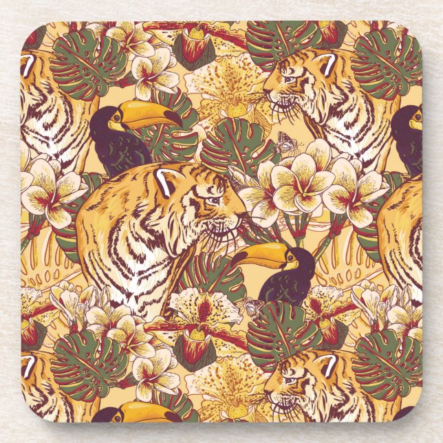 Porta-copo Teste padrão floral tropical com tigre (Frente)