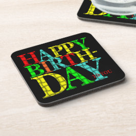 Porta-copo Texto feliz de aniversário colorido com fundo pret