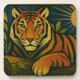 Porta-copo Tigre Estilizado na Moldura Ornamental Sunburst