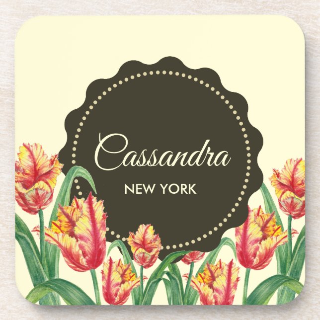 Porta-copo Tijolo Amarelo Aquarela Tulipas Arte Floral (Frente)