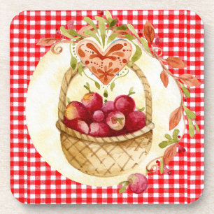 Porta-copo Toalha de Mesa Xadrez Vermelho com Cesto de Frutas