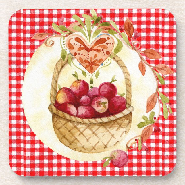 Porta-copo Toalha de Mesa Xadrez Vermelho com Cesto de Frutas (Frente)