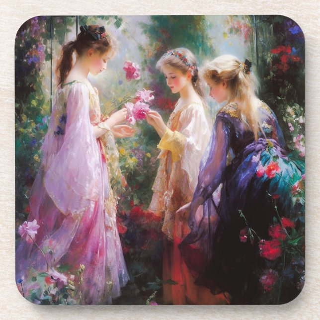 Porta-copo Três garotas brincando num jardim (Frente)