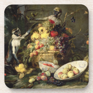 Porta-copo Três macacos que roubam a fruta (óleo em canvas)