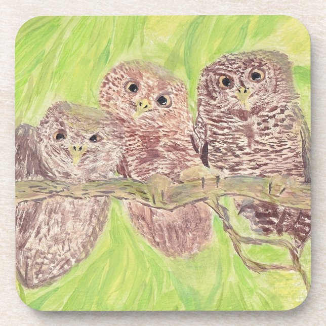 Porta-copo Três Pequenas Corujas De Vassoura - pintura acríli (Frente)