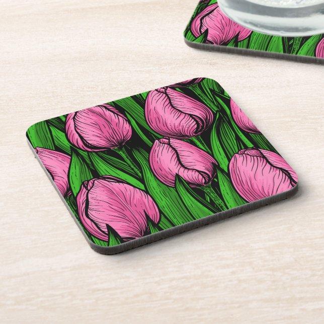 Porta-copo Tulipas cor-de-rosa com folhas verdes (Left Side)