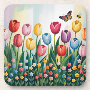 Porta-copo Tulipas e borboletas de primavera Floral Colorid