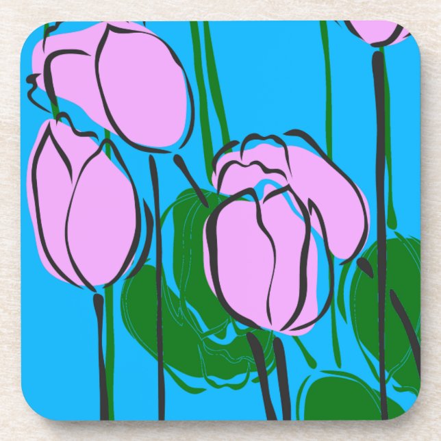 Porta-copo Tulipas rosa desenhadas à mão no azul-céu (Frente)