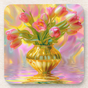 Porta-copo Tulipas Rosa Vibrantes em Vase Ouro