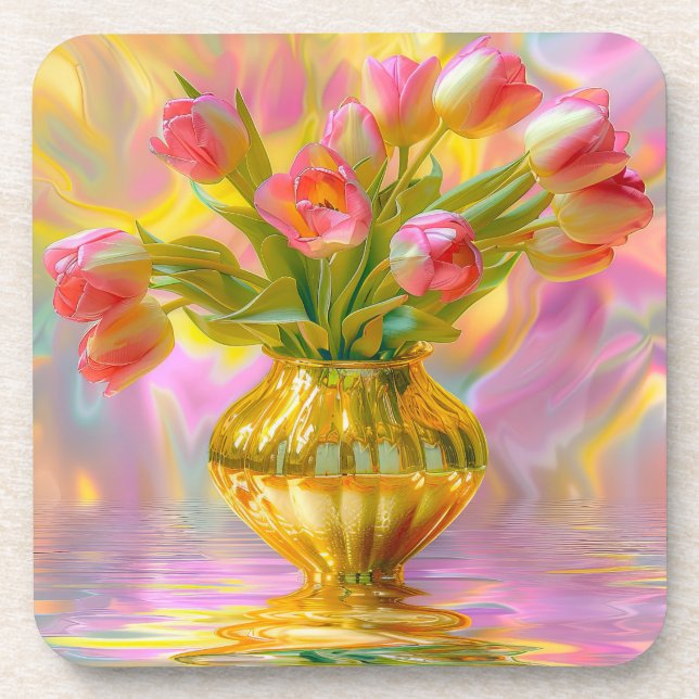 Porta-copo Tulipas Rosa Vibrantes em Vase Ouro (Frente)