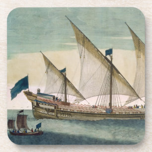 Porta-copo Um Galleass três-suprido corrente pela vela, remos