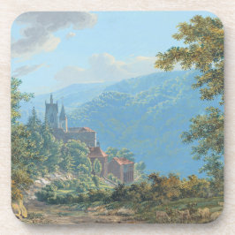 Porta-copo Uma fortaleza numa paisagem de montanha no nascer 