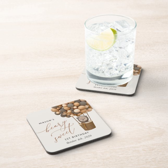 Porta-copo Urso Bastante, Balões Marrons, Primeiro Aniversári (Lado Direito)