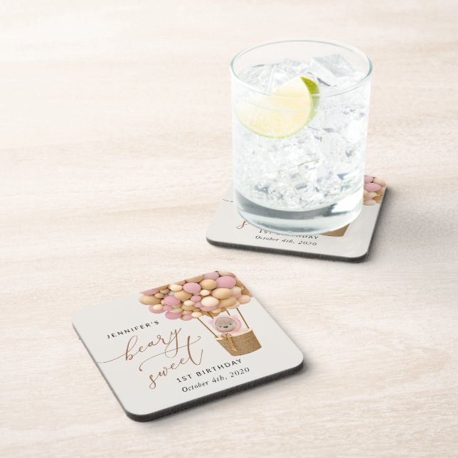 Porta-copo Urso Bonito, Balões Rosa, Primeiro Aniversário (Lado Direito)