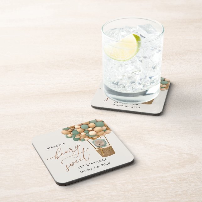 Porta-copo Urso Bonito, Balões Verdes, Primeiro Aniversário (Lado Direito)