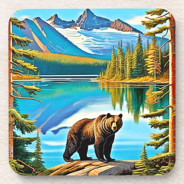 Porta-copo Urso de Montanha: Arte de Reflexão do Lago (Frente)