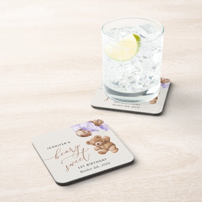 Porta-copo Urso de Teddy, Balões Roxos, Primeiro Aniversário (Lado Direito)