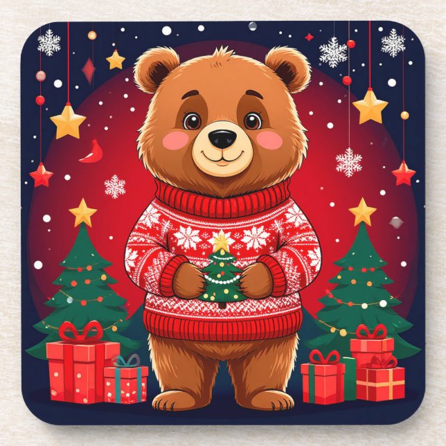 Porta-copo Urso Fofo de Suéter de Natal (Frente)