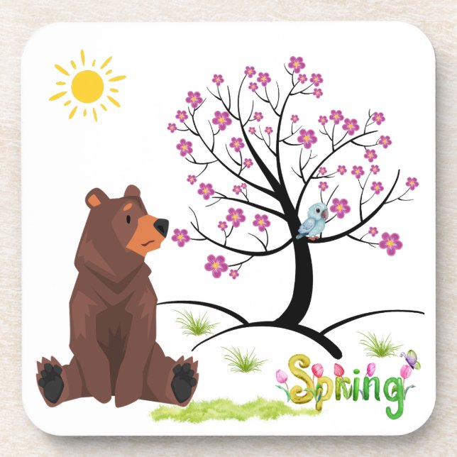 Porta-copo Urso observa a árvore florescente e a ave (Frente)