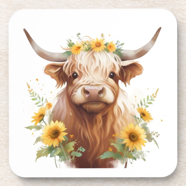 Porta-copo Vaca Highland com Flor Amarelo de Girassol (Frente)