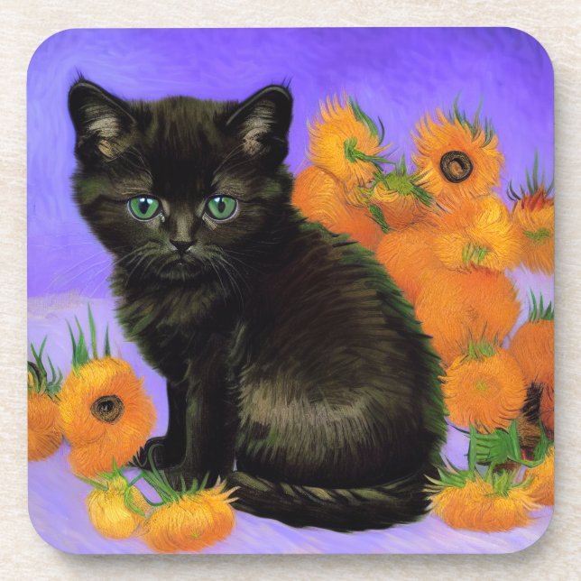 Porta-copo Van Gogh Black Kitten com Girassóis (Frente)