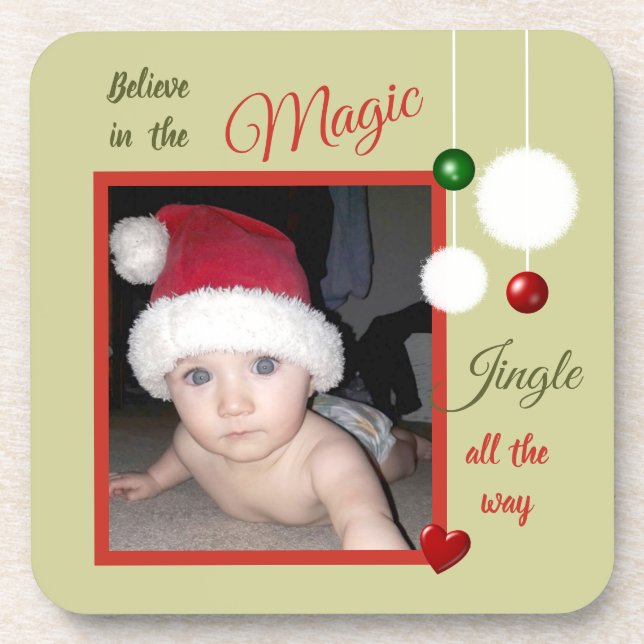 Porta-copo Verde de Natal e vermelho com uma foto e baubles (Frente)