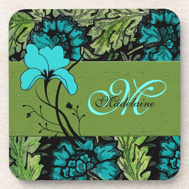 Porta-copo Vermelhos Florais Retro Monogramados e Azul Turque (Frente)