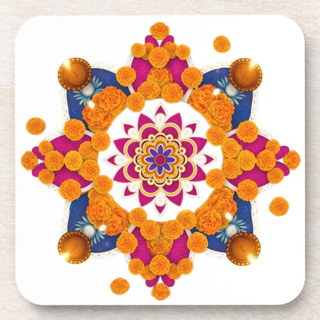 Porta-copo Vibrant Diwali Rangoli Hard Plastic Coaster Set (Frente)