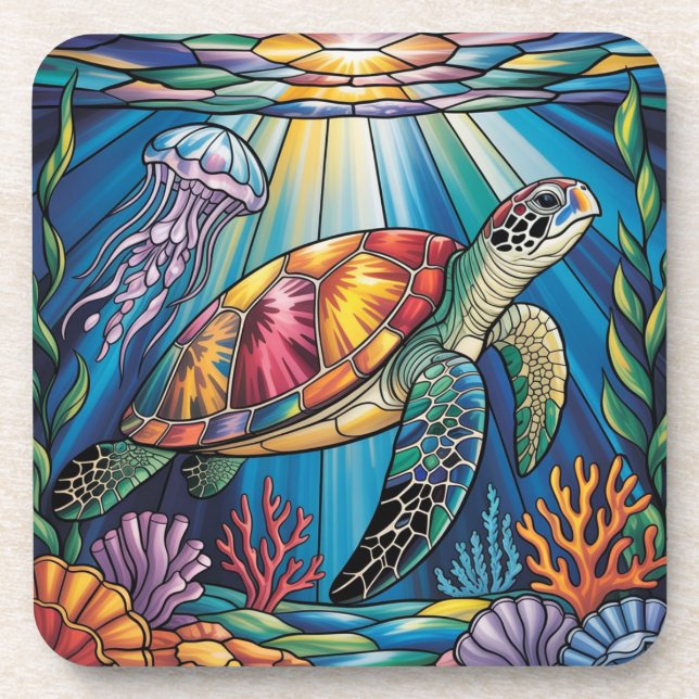 Porta-copo Vibrant Stained Glass Sea Turtle Ocean Design (Frente)