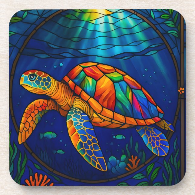 Porta-copo Vibrant Stained Glass Sea Turtle Ocean Design (Frente)