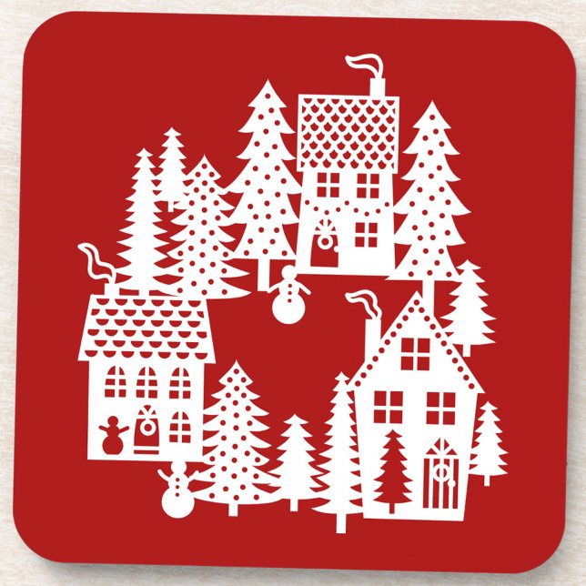 Porta-copo Village Red and White (Christmas Village red and white  festive drinks coaster)