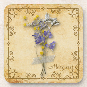 Porta-copo Vintage Beautiful Beige Dried Flowers with Name
