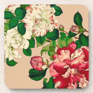 Porta-copo Vintage Camellias Japonesas. Rosa Profundo no bege