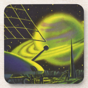 Porta-copo Vintage Science Fiction Neon Green Planet w Rings